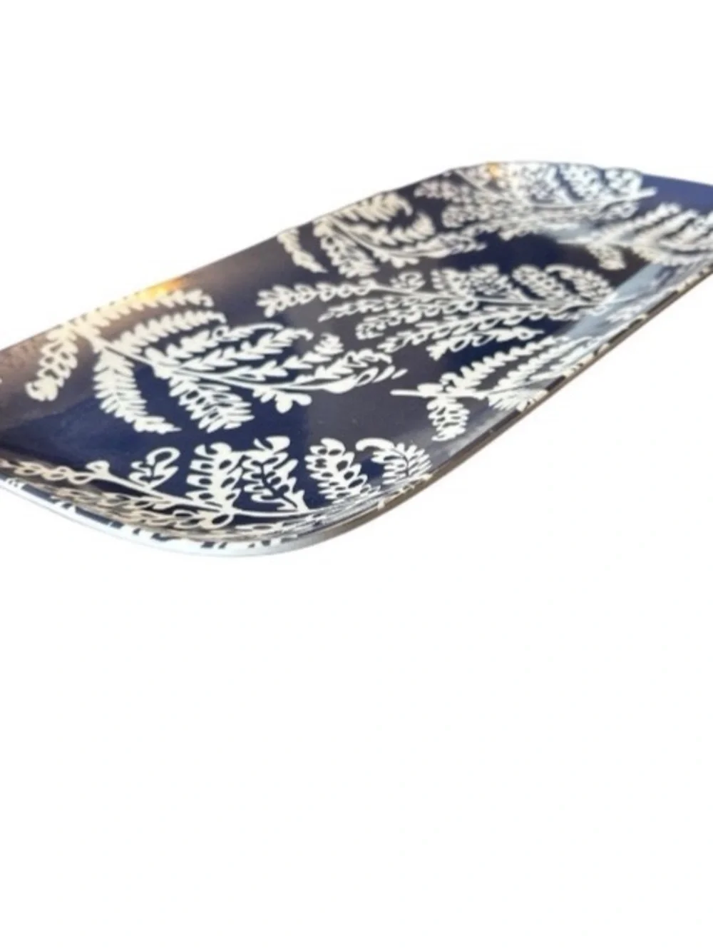 14” Melamine Serving Platter Navy Blue & White Botanical Fern Design Nautical